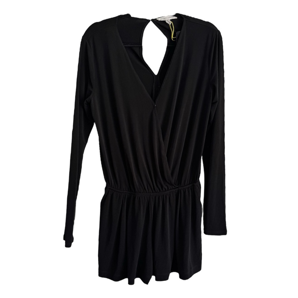 BCBG Generation Black Wrap Front Keyhole Back Long Sleeve Romper Jumpsuit - MED